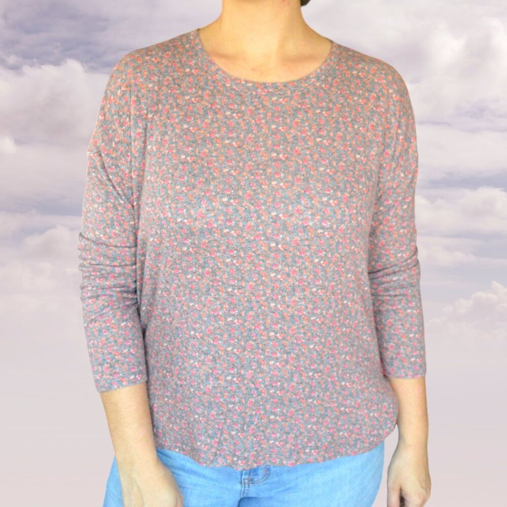 LC Lauren Conrad Soft Mirco Floral Sweater Womens Size XL Gray Pink Ruffled